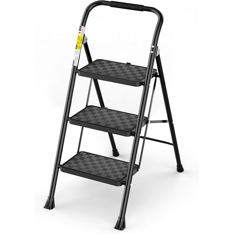 HBTower 3 Step Ladder, Step Stool Foldable for Adults with Wide Anti-Slip Pedal, Lightweight 3 Step Ladders for Home, Black - Image 1