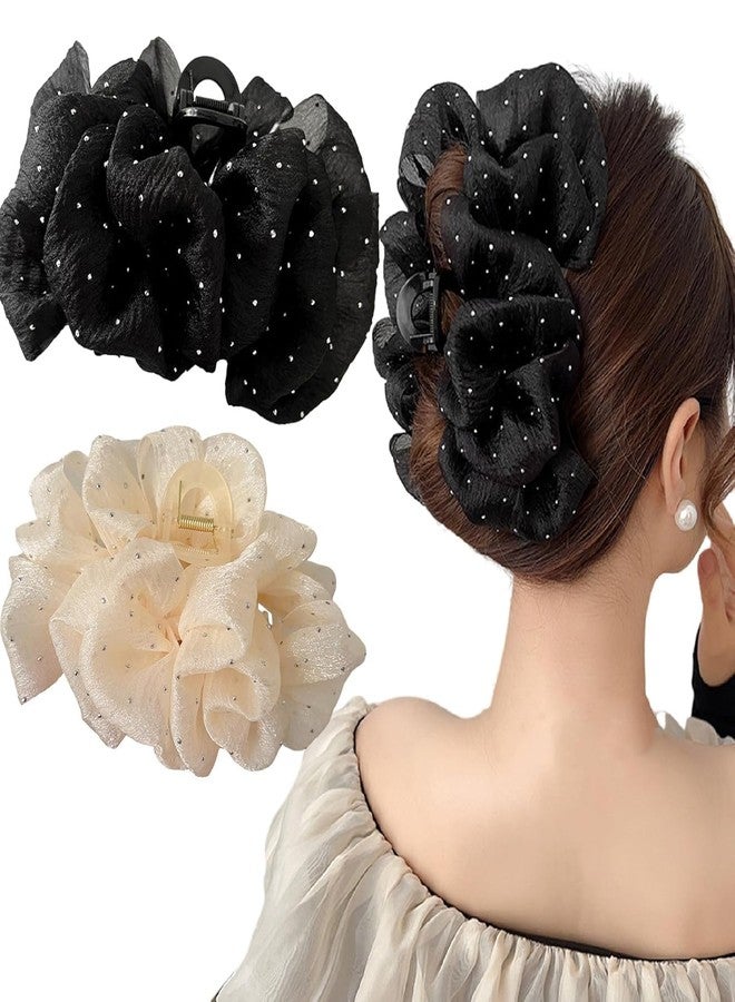 Melodio 2Pcs Large Chiffon Hair Claw Clips for Women - Black & Beige Polka Dot Hair Clutcher, Elegant Hair Jaw Clips for Thick Hair, Stylish Hair Accessories - Image 1