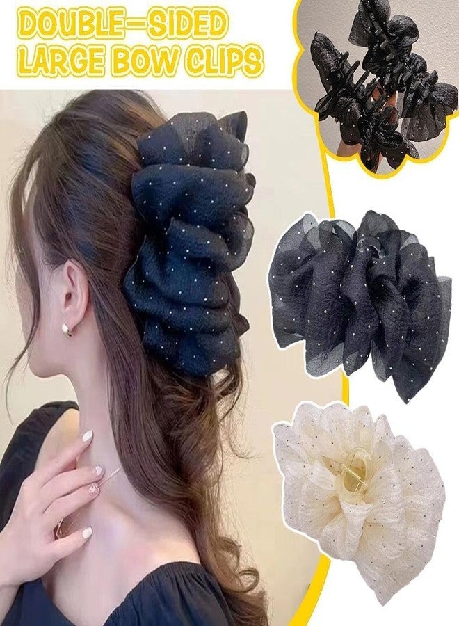 Melodio 2Pcs Large Chiffon Hair Claw Clips for Women - Black & Beige Polka Dot Hair Clutcher, Elegant Hair Jaw Clips for Thick Hair, Stylish Hair Accessories - Image 2