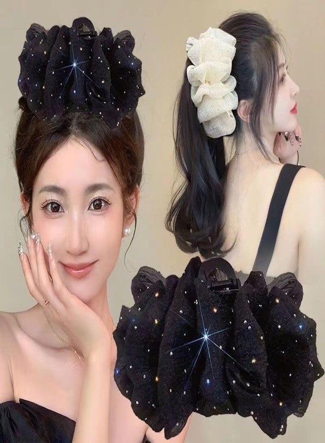 Melodio 2Pcs Large Chiffon Hair Claw Clips for Women - Black & Beige Polka Dot Hair Clutcher, Elegant Hair Jaw Clips for Thick Hair, Stylish Hair Accessories - Image 4