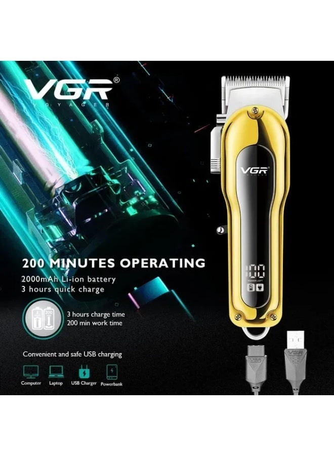 VGR V-680 Professional Salon series cordless Hair Clipper LED Display, Stainless steel Blades, USB Charging cable 4 Guide Comb, Taper Lever Adjustments Runtime: 200 mins, 2000 mAh Li-ion Battery, Gold gold - Image 2