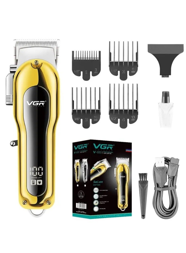 VGR V-680 Professional Salon series cordless Hair Clipper LED Display, Stainless steel Blades, USB Charging cable 4 Guide Comb, Taper Lever Adjustments Runtime: 200 mins, 2000 mAh Li-ion Battery, Gold gold - Image 1