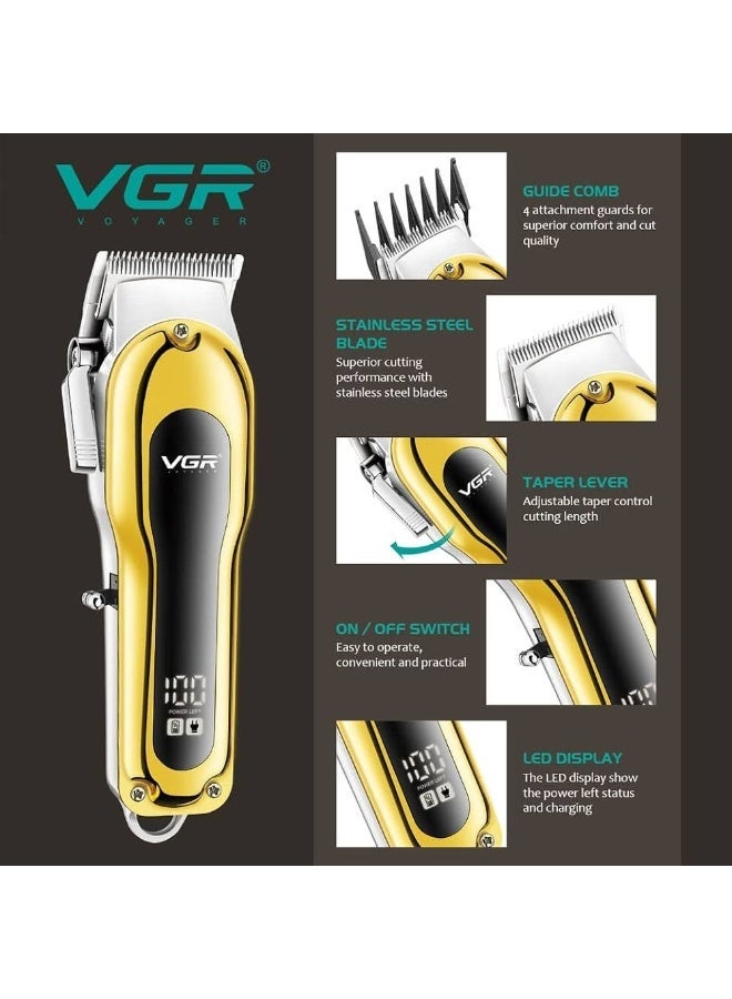 VGR V-680 Professional Salon series cordless Hair Clipper LED Display, Stainless steel Blades, USB Charging cable 4 Guide Comb, Taper Lever Adjustments Runtime: 200 mins, 2000 mAh Li-ion Battery, Gold gold - Image 5