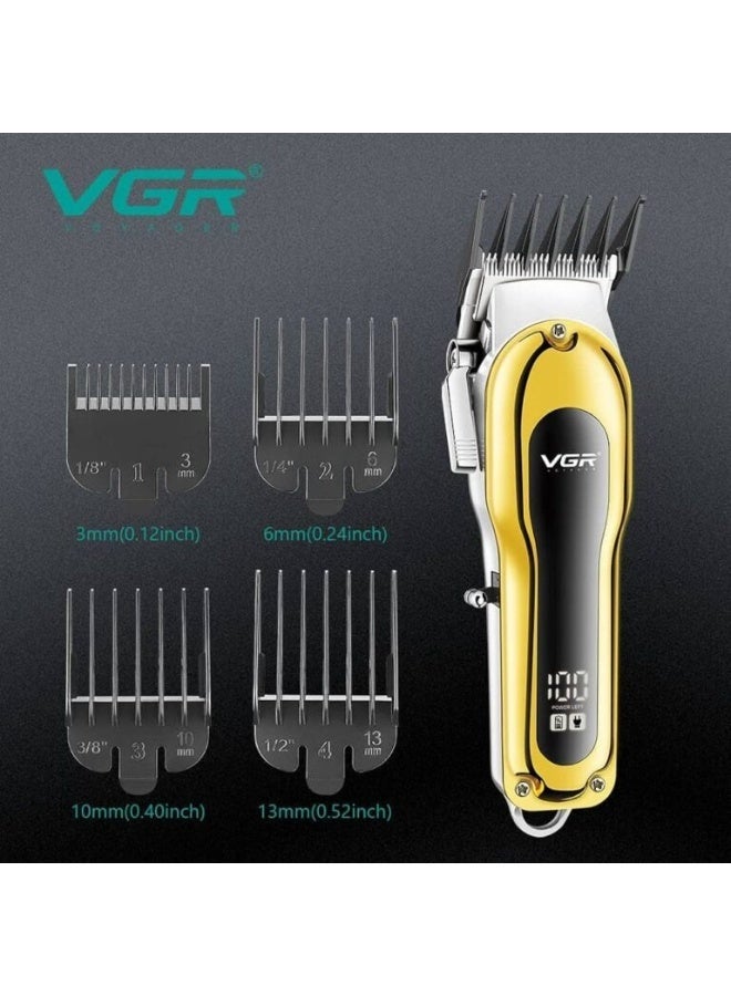 VGR V-680 Professional Salon series cordless Hair Clipper LED Display, Stainless steel Blades, USB Charging cable 4 Guide Comb, Taper Lever Adjustments Runtime: 200 mins, 2000 mAh Li-ion Battery, Gold gold - Image 3