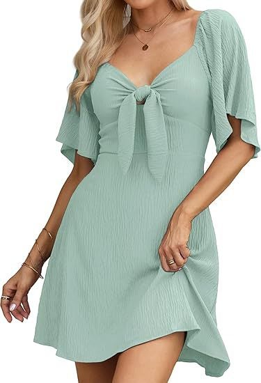 European and American Export Cross-Border Summer Womens V-Neck Bow Tie Short-Sleeved Pullover Lotus Leaf Sleeve Mini Dress Bean green