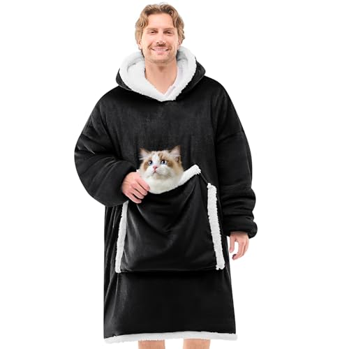 JOYWOO Black Wearable Blanket Hoodie,Oversized Cat Lovers Sweatshirt Blanket for Adult,Birthday Gifts for Men,Father,Boy,Cozy Fuzzy Sherpa Hooded Blanket with Giant Pocket and Winter Gifts,Standard - Image 1
