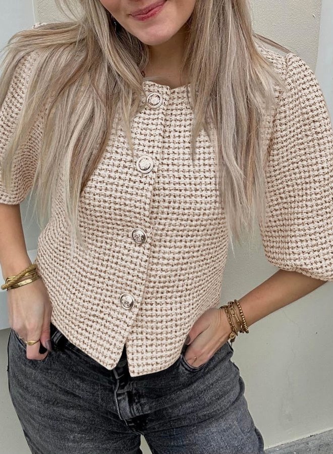 Cicy Bell Womens Cropped Tweed Blazers Puff Short Sleeve Crew Neck Button Business Casual Suit Jackets, Khaki, L - Image 5