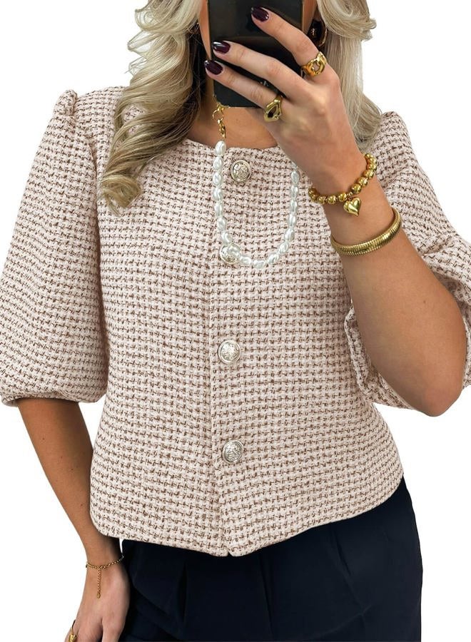 Cicy Bell Womens Cropped Tweed Blazers Puff Short Sleeve Crew Neck Button Business Casual Suit Jackets, Khaki, L - Image 1
