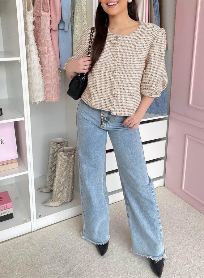 Cicy Bell Womens Cropped Tweed Blazers Puff Short Sleeve Crew Neck Button Business Casual Suit Jackets, Khaki, L - Image 4