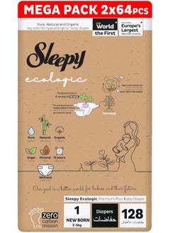 Sleepy Pack Of 128 Ecologic Size 1, New Born, Hypoallergenic, Plant-Based, Biodegradable, Sustainable, Premium Taped Diapers With High Absorption, Organic Baby Dry Diaper 3-6 Kg, 100% Leakproof, 2 X 64 Pieces  - Image 1
