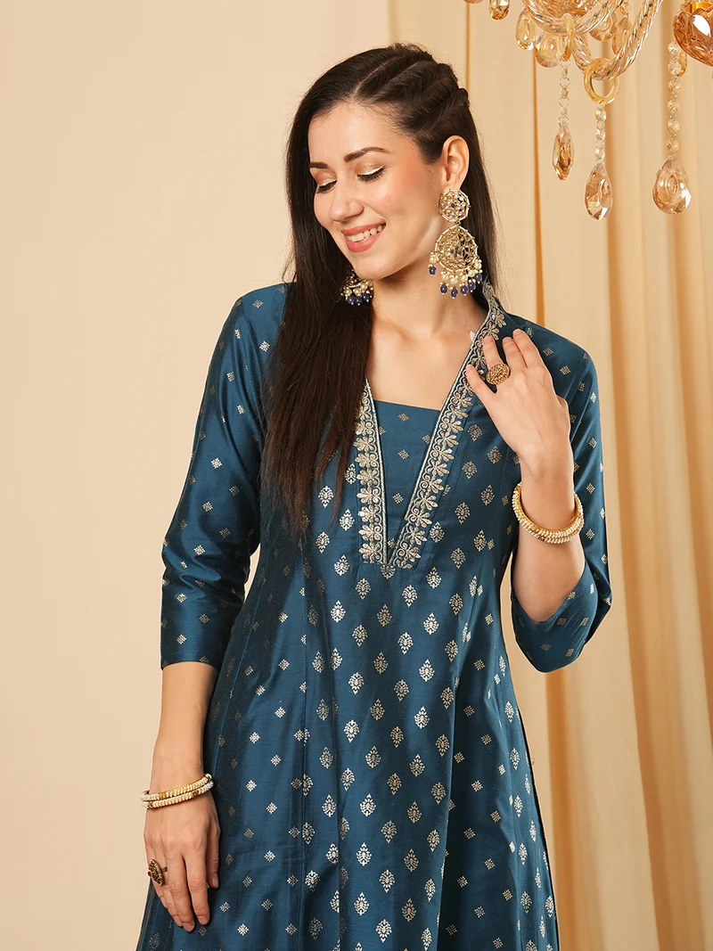 globus Women Ethnic Motifs Printed Panelled Thread Work Kurta With Trousers