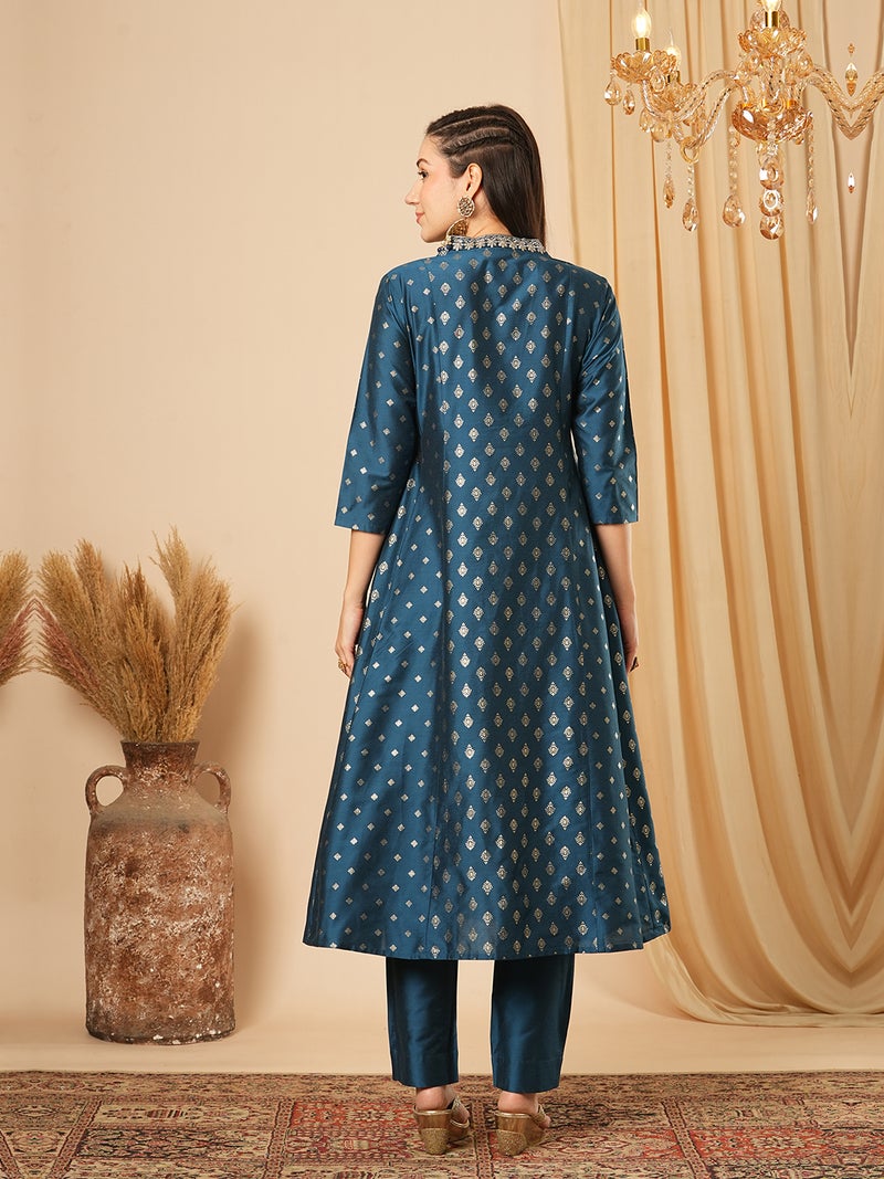 globus Globus Women Ethnic Motifs Printed Panelled Thread Work Kurta With Trousers - Image 3