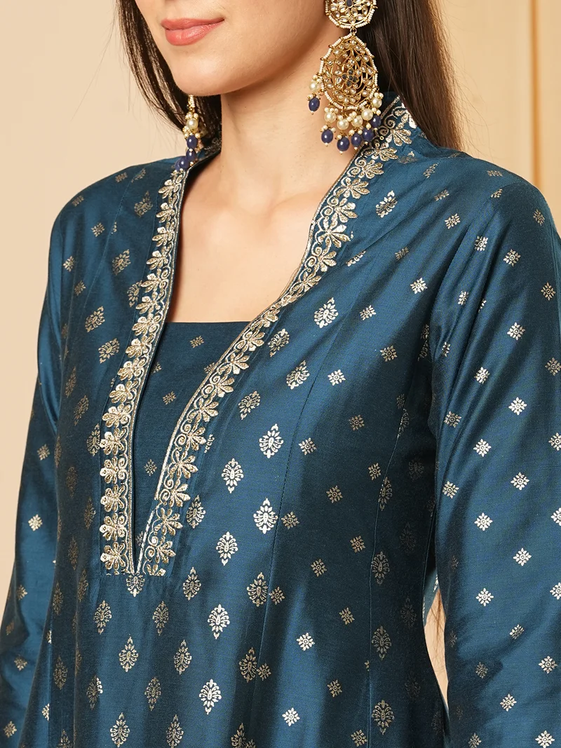 globus Women Ethnic Motifs Printed Panelled Thread Work Kurta With Trousers