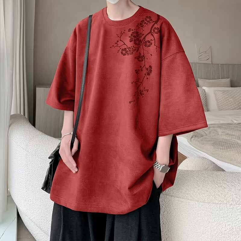 Japanese Style Short-Sleeved T-Shirt Men'S 2025 Round Neck Printed Top Instagram Popular Brand Loose Half-Sleeved T-Shirt