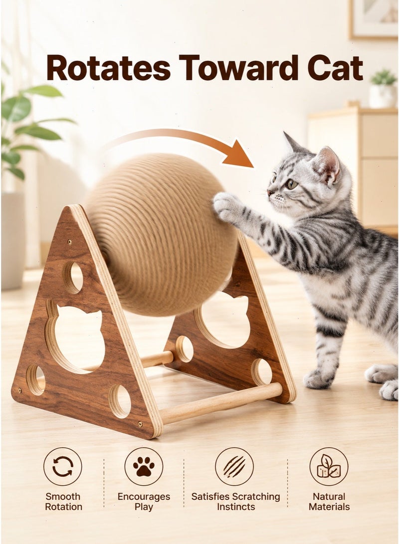 كرة خشبية خيطية للقطط، كرة دوارة للقطط لخدش الأظافر، لعبة من حبل السيزال لتقليم أظافر القطط في الأماكن المغلقة - Image 4