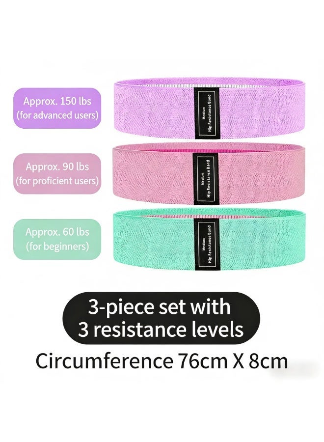 EFUMKE This three-piece set of non-slip elastic exercise bands features resistance bands in three different resistance levels and knitted fabrics in multiple colors. Suitable for squats, stretching, and glute and gluteal muscle strengthening exercises, it is suitable for both men and women. The band measures 76x8 cm and comes with a storage bag. - Image 2