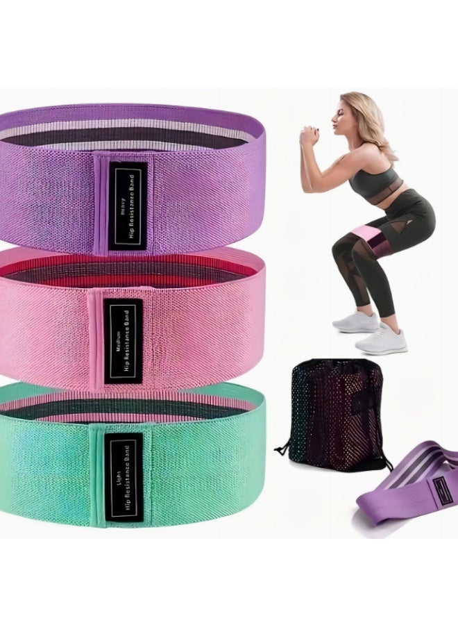 EFUMKE This three-piece set of non-slip elastic exercise bands features resistance bands in three different resistance levels and knitted fabrics in multiple colors. Suitable for squats, stretching, and glute and gluteal muscle strengthening exercises, it is suitable for both men and women. The band measures 76x8 cm and comes with a storage bag. - Image 1