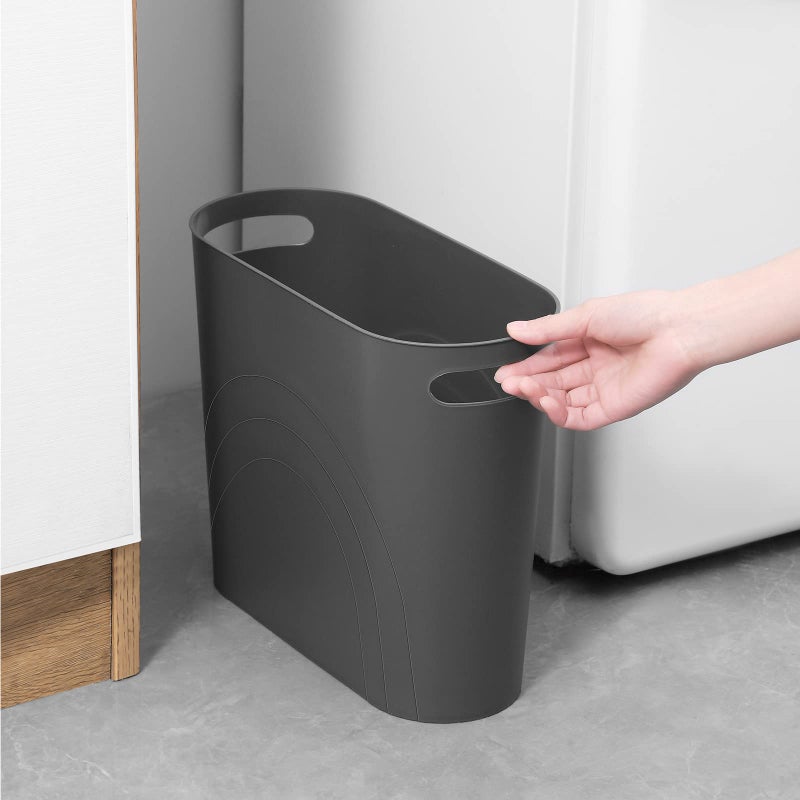 rejomiik Small Trash Can, 3.5 Gallon Slim Garbage Can Plastic Waste Basket with Handles Container Bin for Narrow Spaces Bathroom, Bedroom, Kitchen, Office at Home, Dark Gray - Image 2