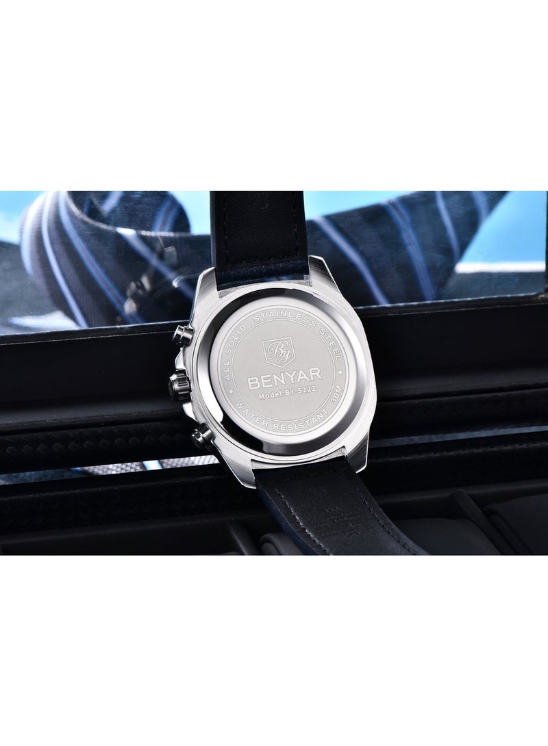 BENYAR Watches for Men Luxury Quartz Water Resistant Watch Men's Chronograph Genuine Leather Strap 5222 - Image 5