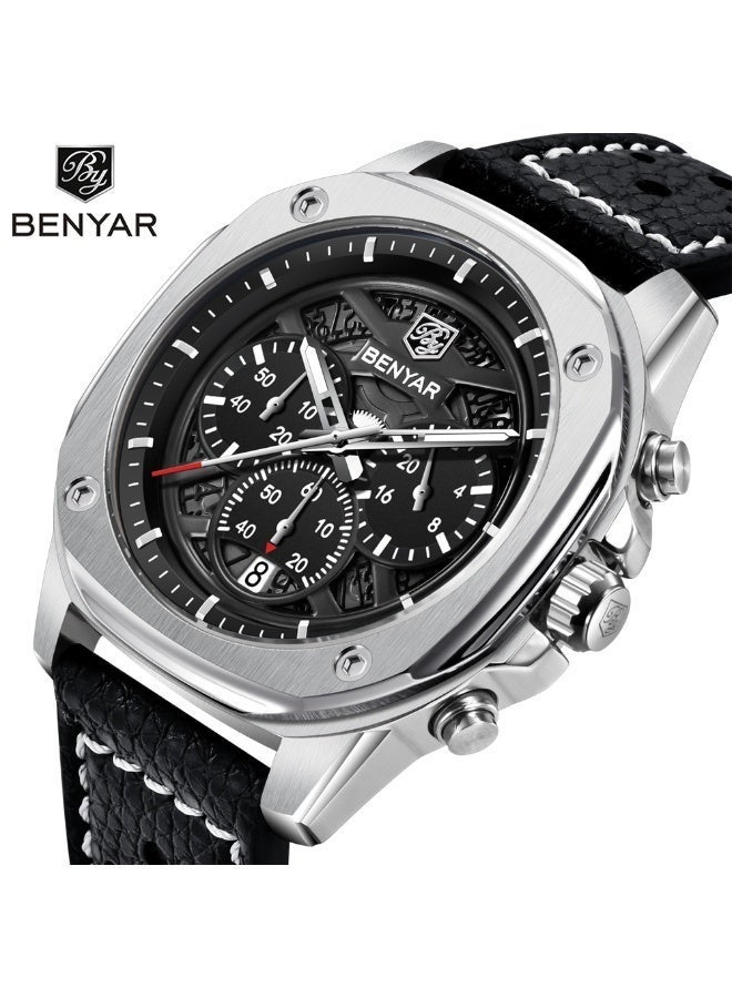 BENYAR Watches for Men Luxury Quartz Water Resistant Watch Men's Chronograph Genuine Leather Strap 5222 - Image 1