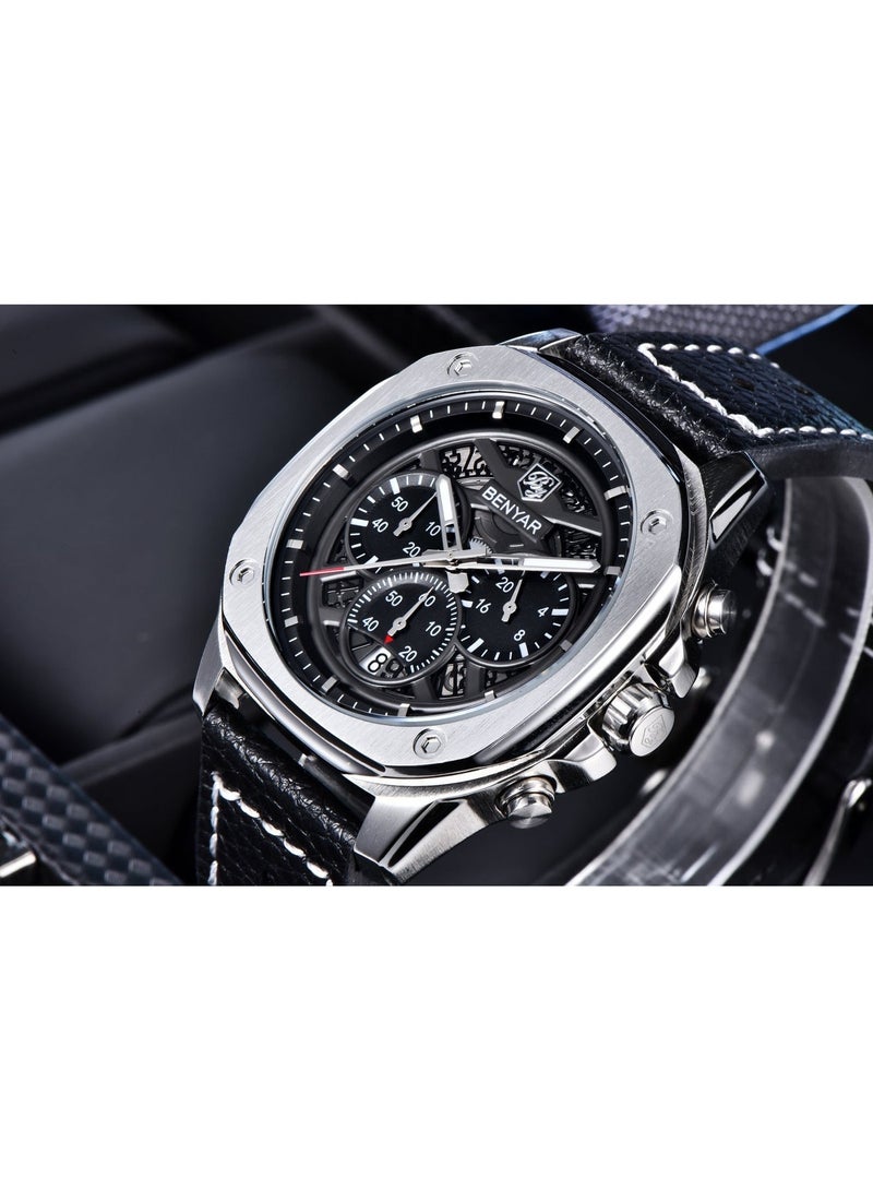 BENYAR Watches for Men Luxury Quartz Water Resistant Watch Men's Chronograph Genuine Leather Strap 5222 - Image 2