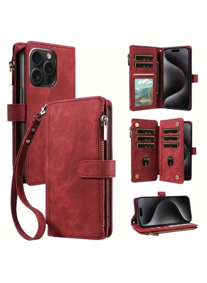 حافظة هاتف جالاكسي A55 5G من الجلد الاصطناعي القرمزي مع حامل البطاقات وحزام المعصم - Image 2
