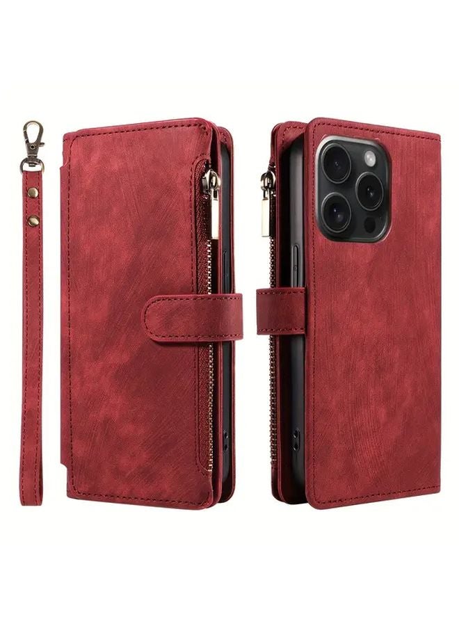 حافظة هاتف جالاكسي A55 5G من الجلد الاصطناعي القرمزي مع حامل البطاقات وحزام المعصم - Image 1
