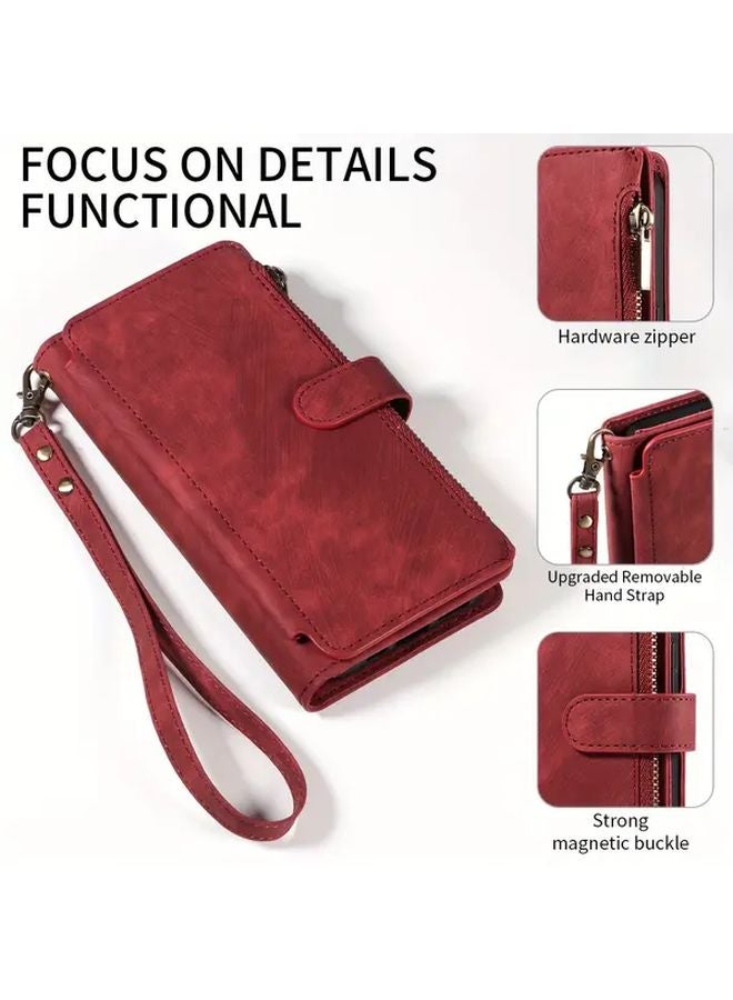 حافظة هاتف جالاكسي A55 5G من الجلد الاصطناعي القرمزي مع حامل البطاقات وحزام المعصم - Image 3