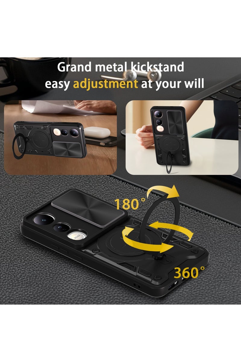 SanHu for vivo V50 Lite 5G Case, Slide Camera Lens Cover, Magnetic Ring Holder Kickstand Protective Phone Case for vivo V50 Lite 5G, Black - Image 2