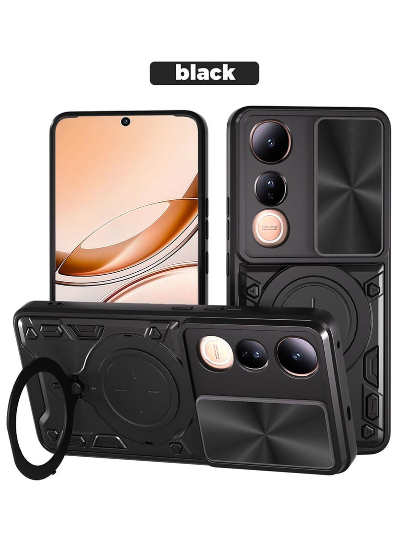 SanHu for vivo V50 Lite 5G Case, Slide Camera Lens Cover, Magnetic Ring Holder Kickstand Protective Phone Case for vivo V50 Lite 5G, Black - Image 1