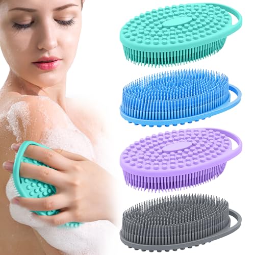 CrazyTerra Silicone Body Scrubber 4 Pack, Double-Sided Silicone Loofah Shower Body Scrubber for Men & Women, Soft Exfoliating Silicone Bath Scrubber with Hanging Handle, Quick Foaming Body Wash Scrubber 4 colors - Image 1
