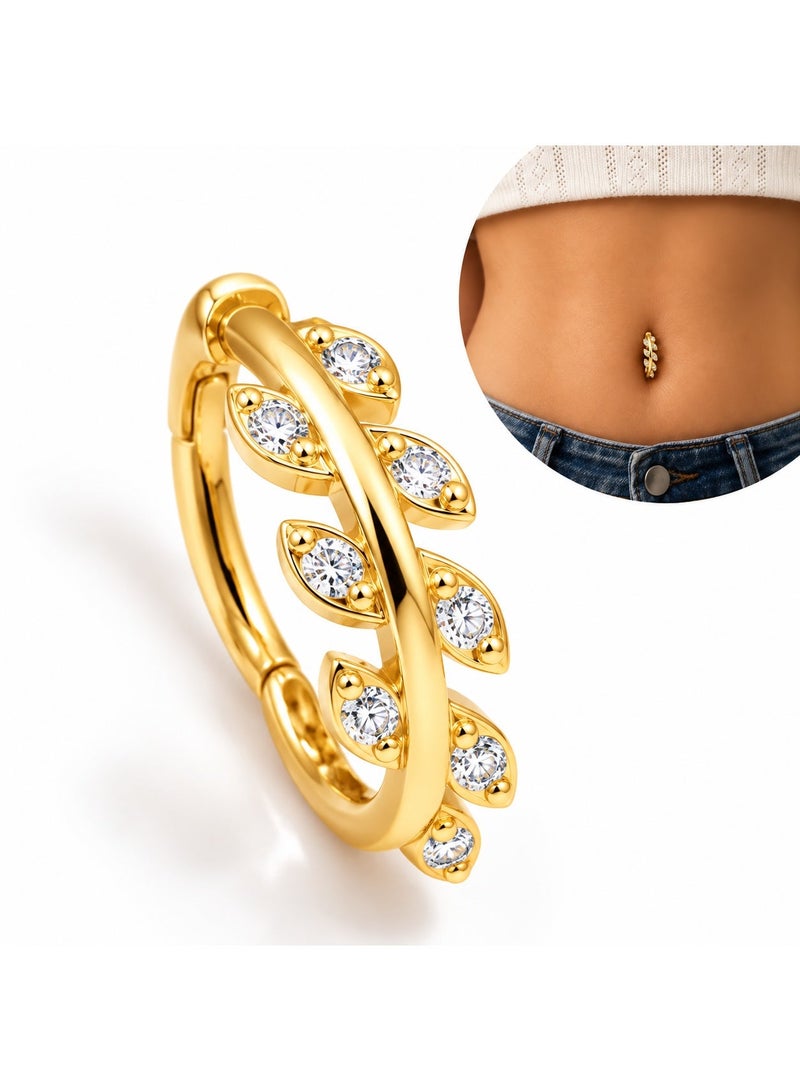 veya Women’s Gold-Tone Belly Ring with Leaf Design and Sparkling Crystal Details – Elegant Body Jewelry for Daily Wear and Occasions - Image 1