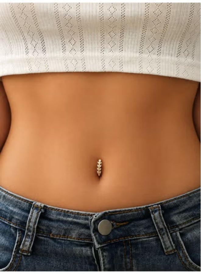 veya Women’s Gold-Tone Belly Ring with Leaf Design and Sparkling Crystal Details – Elegant Body Jewelry for Daily Wear and Occasions - Image 2