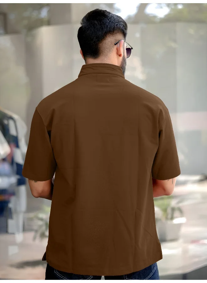Maniac  Maniac Mens solid henley neck 3/4th sleeve brown and beige half zipper cotton t-shirt for Men | Best Price UAE