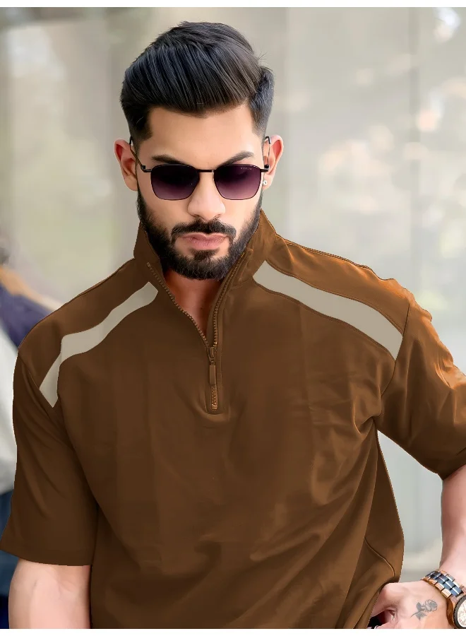 Maniac  Maniac Mens solid henley neck 3/4th sleeve brown and beige half zipper cotton t-shirt for Men | Best Price UAE