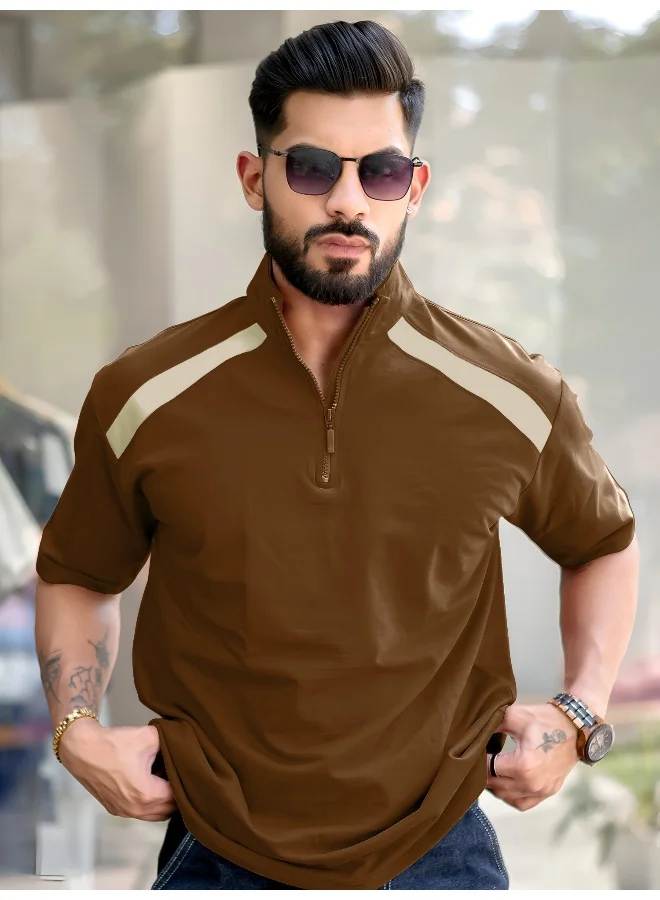 مانياك تيشيرت قطن رجالي بأزرار 3/4 بألوان بني وبيج ورقبة هنلي وأكمام 3/4
