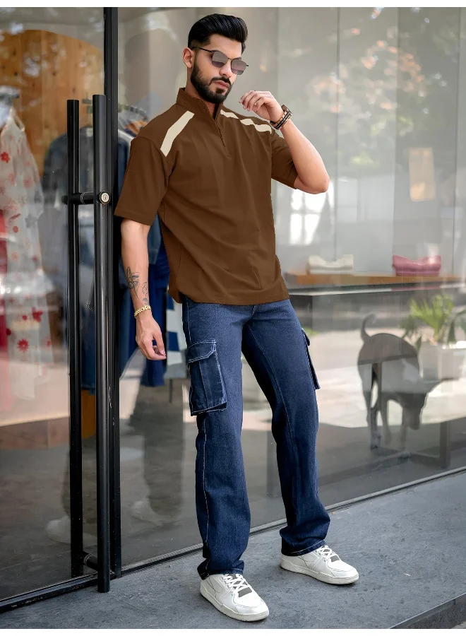 Maniac  Maniac Mens solid henley neck 3/4th sleeve brown and beige half zipper cotton t-shirt for Men | Best Price UAE