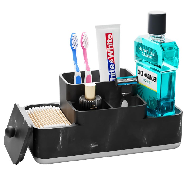 VITVITI Bathroom Counter Organizer Toothbrush Holder for Bathroom Resin Bathroom Organizer Countertop Storage for Cotton BallVanityToothpaste Black Marble Look