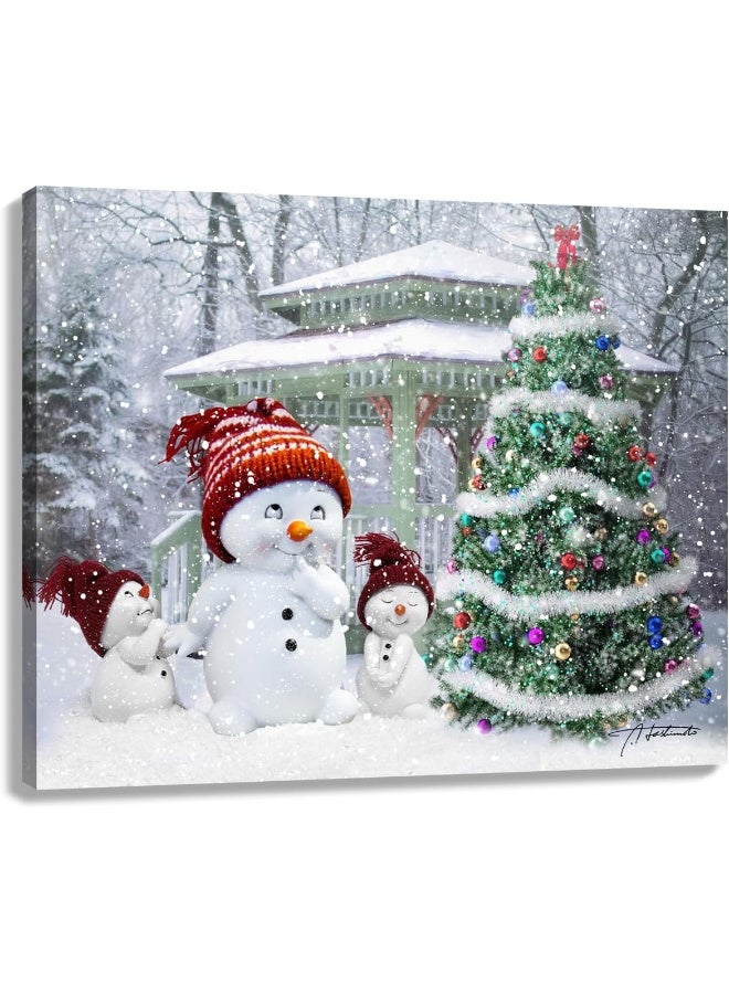 Woxfcart Christmas Wall Art Happy Snowman Pictures Christmas Tree Snow Scene New Year Gifts Decor Home Walls Size 15x12 - Image 1