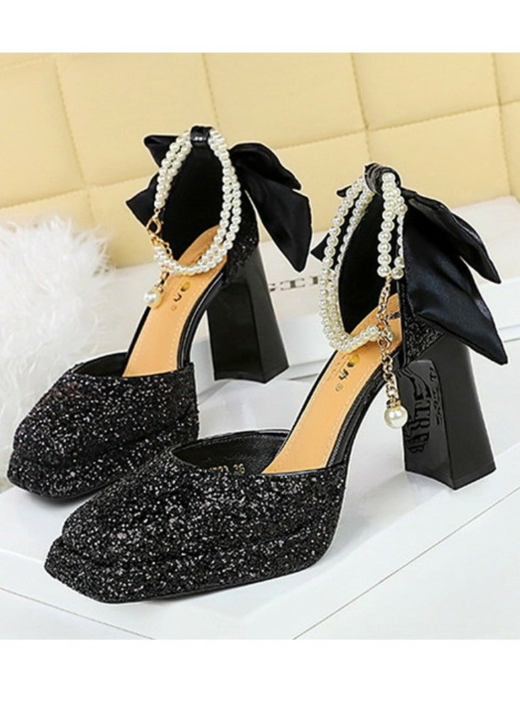 بيج تري المرأة لامعة الباعثات منصة شانكي الكعب العالي مربع مغلق إصبع القدم مضخات الأسود 9CM - Image 1