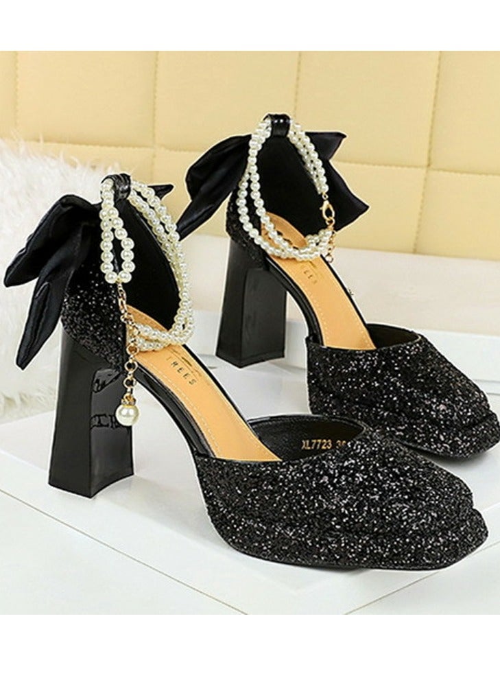 بيج تري المرأة لامعة الباعثات منصة شانكي الكعب العالي مربع مغلق إصبع القدم مضخات الأسود 9CM - Image 2