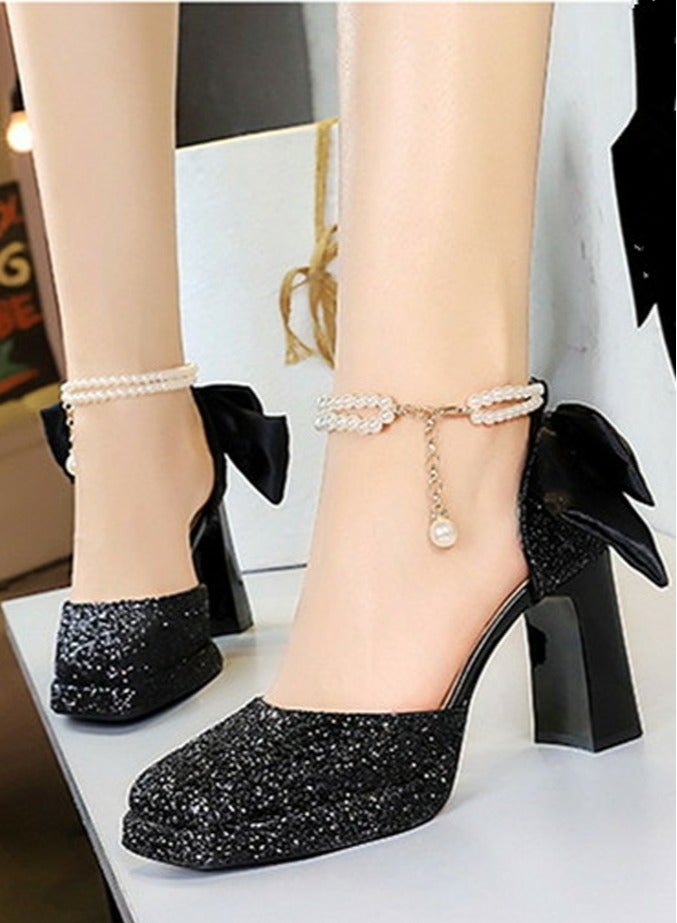 بيج تري المرأة لامعة الباعثات منصة شانكي الكعب العالي مربع مغلق إصبع القدم مضخات الأسود 9CM - Image 3