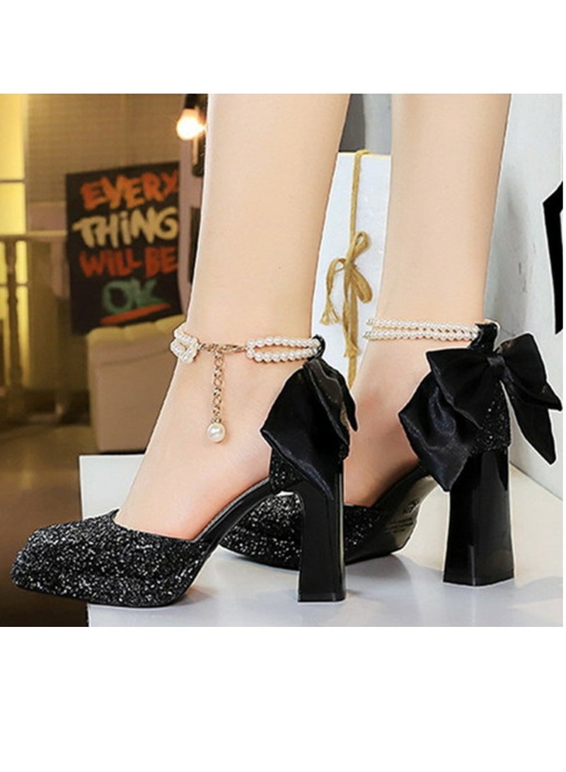 بيج تري المرأة لامعة الباعثات منصة شانكي الكعب العالي مربع مغلق إصبع القدم مضخات الأسود 9CM - Image 4