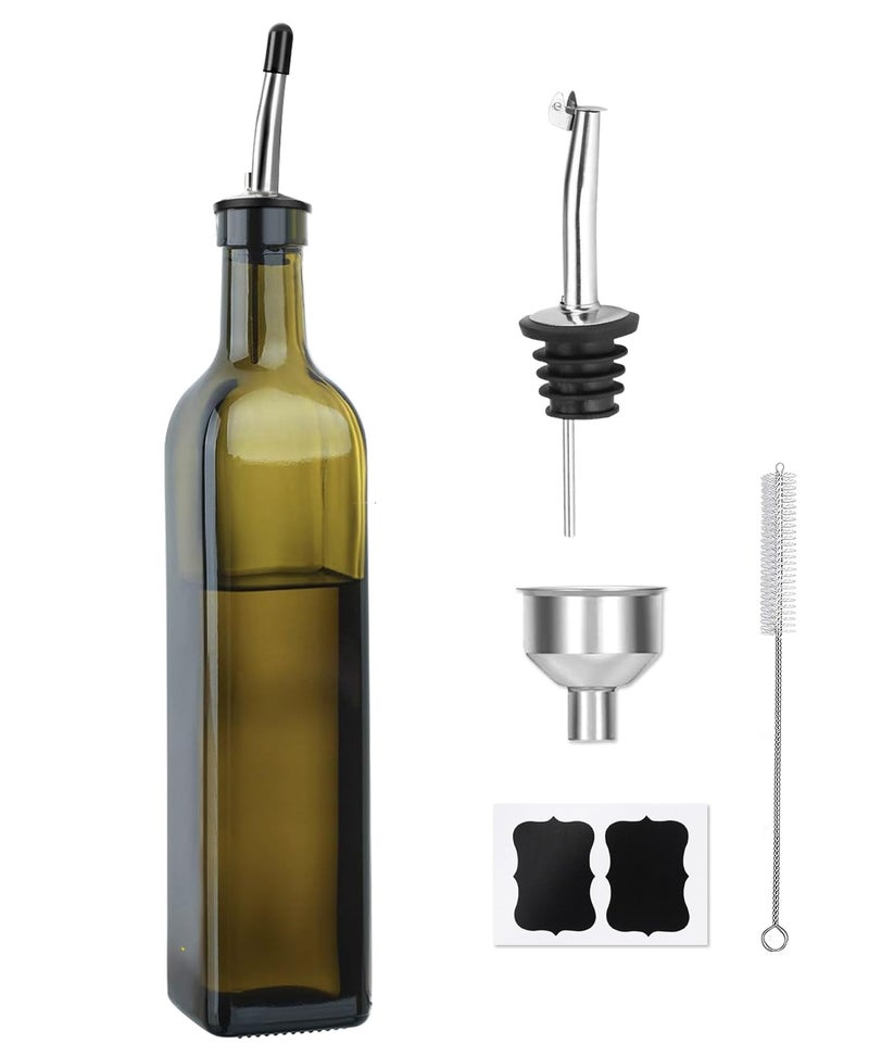 TFPOGOLD Green Olive Oil Dispenser Bottle - 17oz/500ml Glass Oil and Vinegar Bottles Set for Kitchen, Oil Dispenser with 2 Stainless Steel Pourers, Funnel and Brush - Image 1