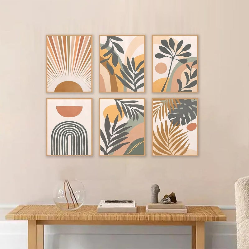 KBKBART Boho Wall Art Prints Set of 6, Mid-Century Modern Prints, Neutral Geometric Boho Wall Decor Sun Moon Palm Leaf Rainbow Canvas Artwork Prints, Minimalist Gallery Wall Posters for Bedroom Living Room - Image 2
