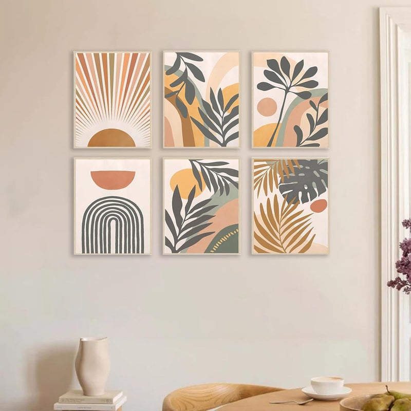 KBKBART Boho Wall Art Prints Set of 6, Mid-Century Modern Prints, Neutral Geometric Boho Wall Decor Sun Moon Palm Leaf Rainbow Canvas Artwork Prints, Minimalist Gallery Wall Posters for Bedroom Living Room - Image 3