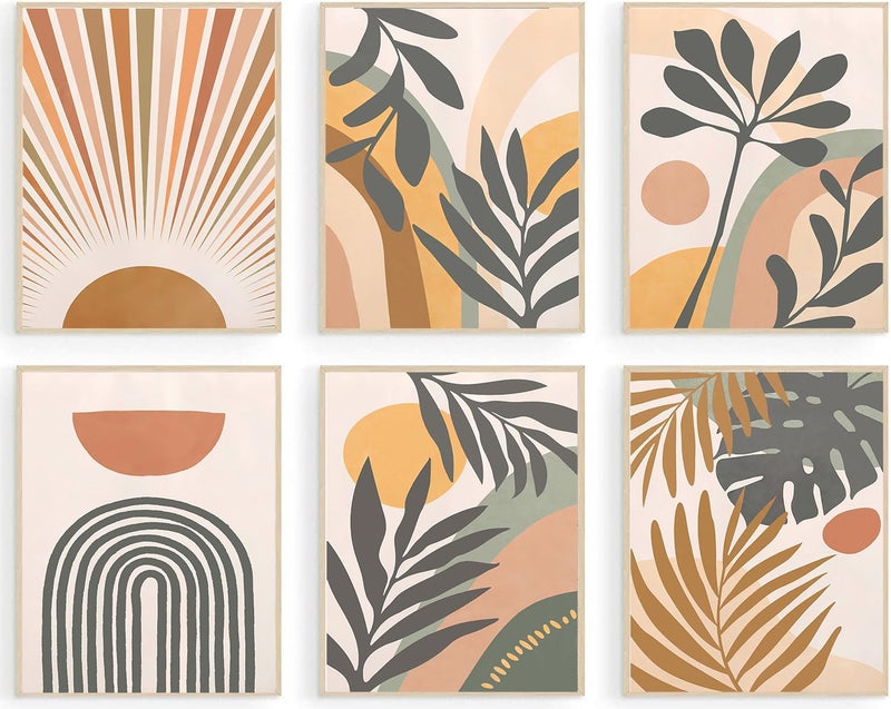 KBKBART Boho Wall Art Prints Set of 6, Mid-Century Modern Prints, Neutral Geometric Boho Wall Decor Sun Moon Palm Leaf Rainbow Canvas Artwork Prints, Minimalist Gallery Wall Posters for Bedroom Living Room - Image 1