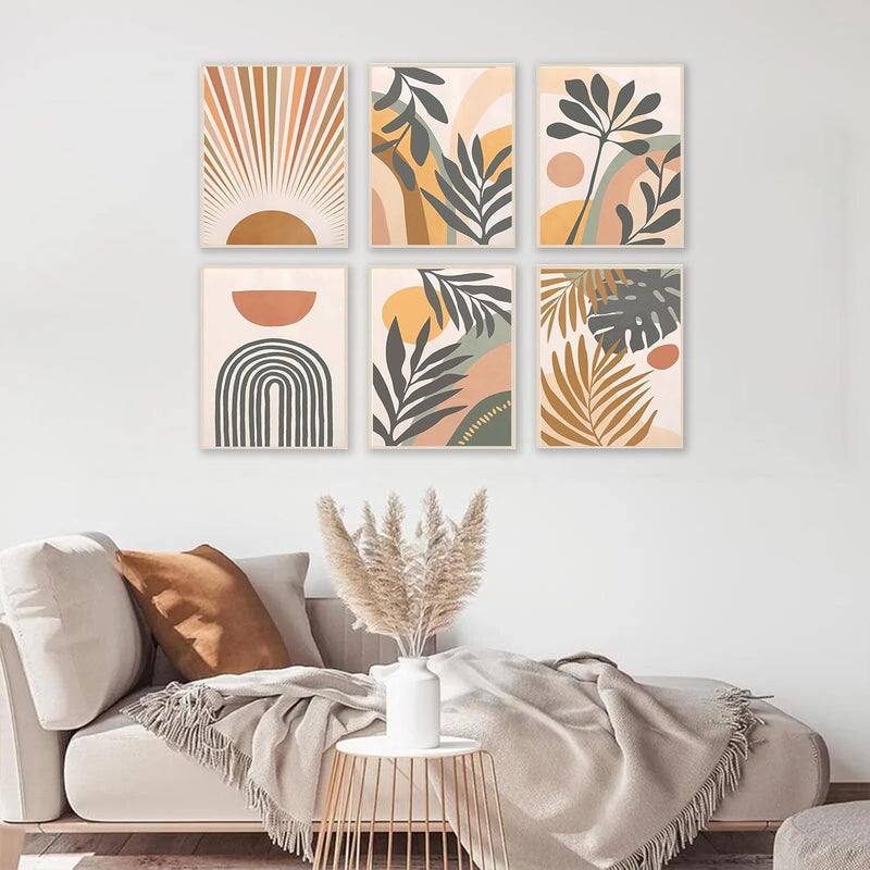 KBKBART Boho Wall Art Prints Set of 6, Mid-Century Modern Prints, Neutral Geometric Boho Wall Decor Sun Moon Palm Leaf Rainbow Canvas Artwork Prints, Minimalist Gallery Wall Posters for Bedroom Living Room - Image 4