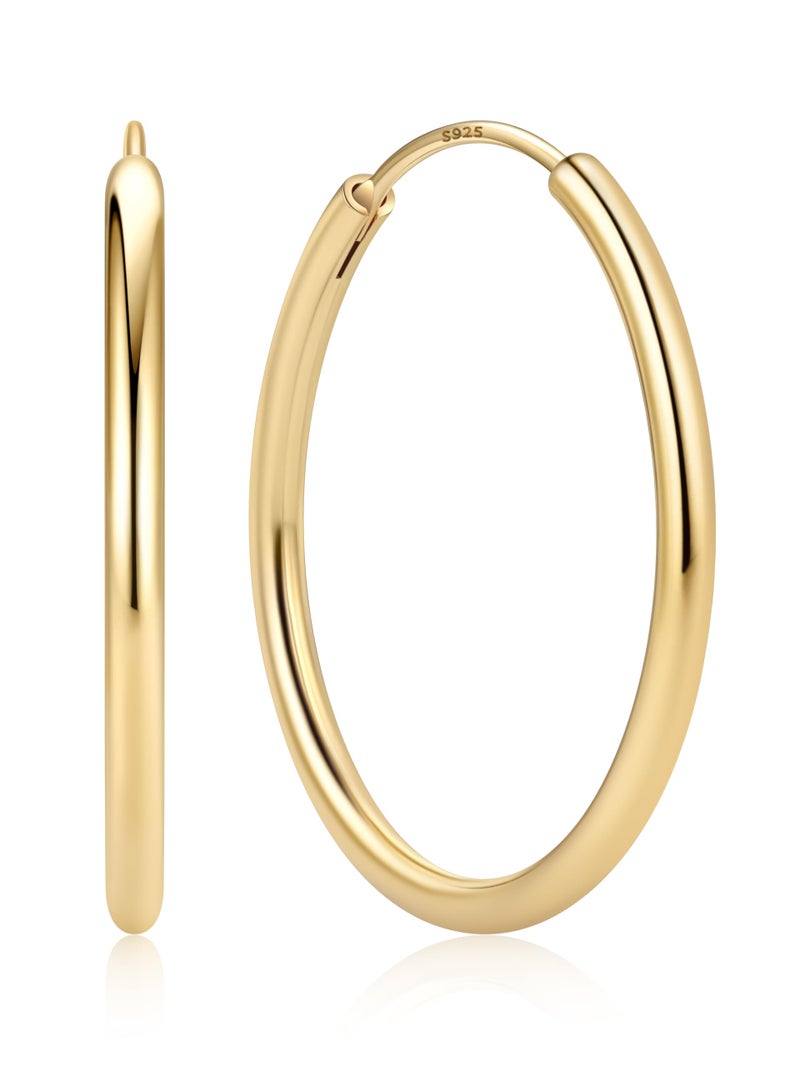 ChicSilver 14k Gold Plated Silver Hoop Earrings for Women 14k Real Gold Plated Sterling Silver Hoop Earrings for Women Hypoallergenic Small Silver Earring 30MM - Image 1