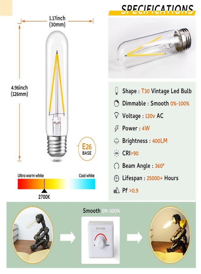 Sphoon E26 Dimmable Tubular LED Bulb, T10 T30 Vintage LED Bulb, 40W, Equivalent 4W, Warm White 2700K, Edison Bulbs, AC 120V, 400LM, for Chandelier Pendant Light Fixtures - Image 2